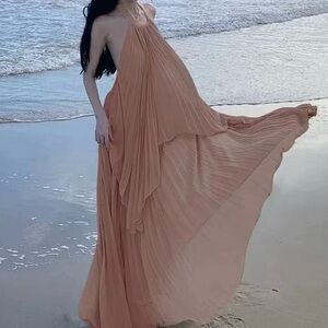 99%new only tryon Elegant Tan Halter Maxi Dress